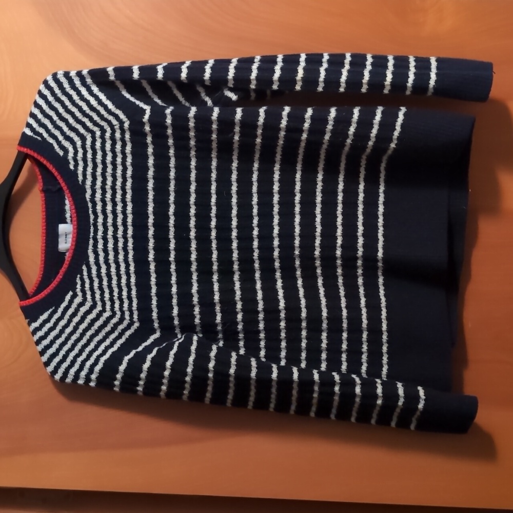 Old Navy Navy and White Striped Crewneck Sweater with Red Trim